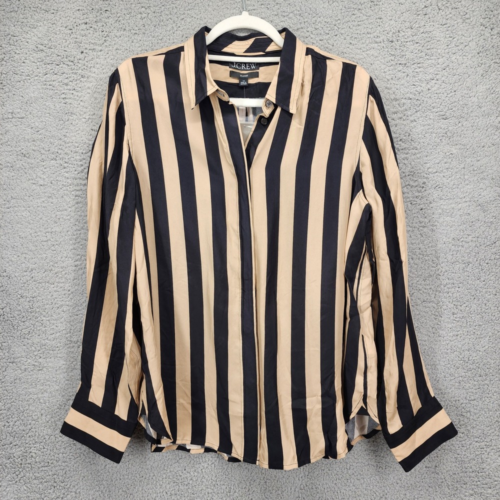 J.Crew Classic Fit Striped Cupro Viscose Button Up Shirt Navy Tan BV831 Size 12